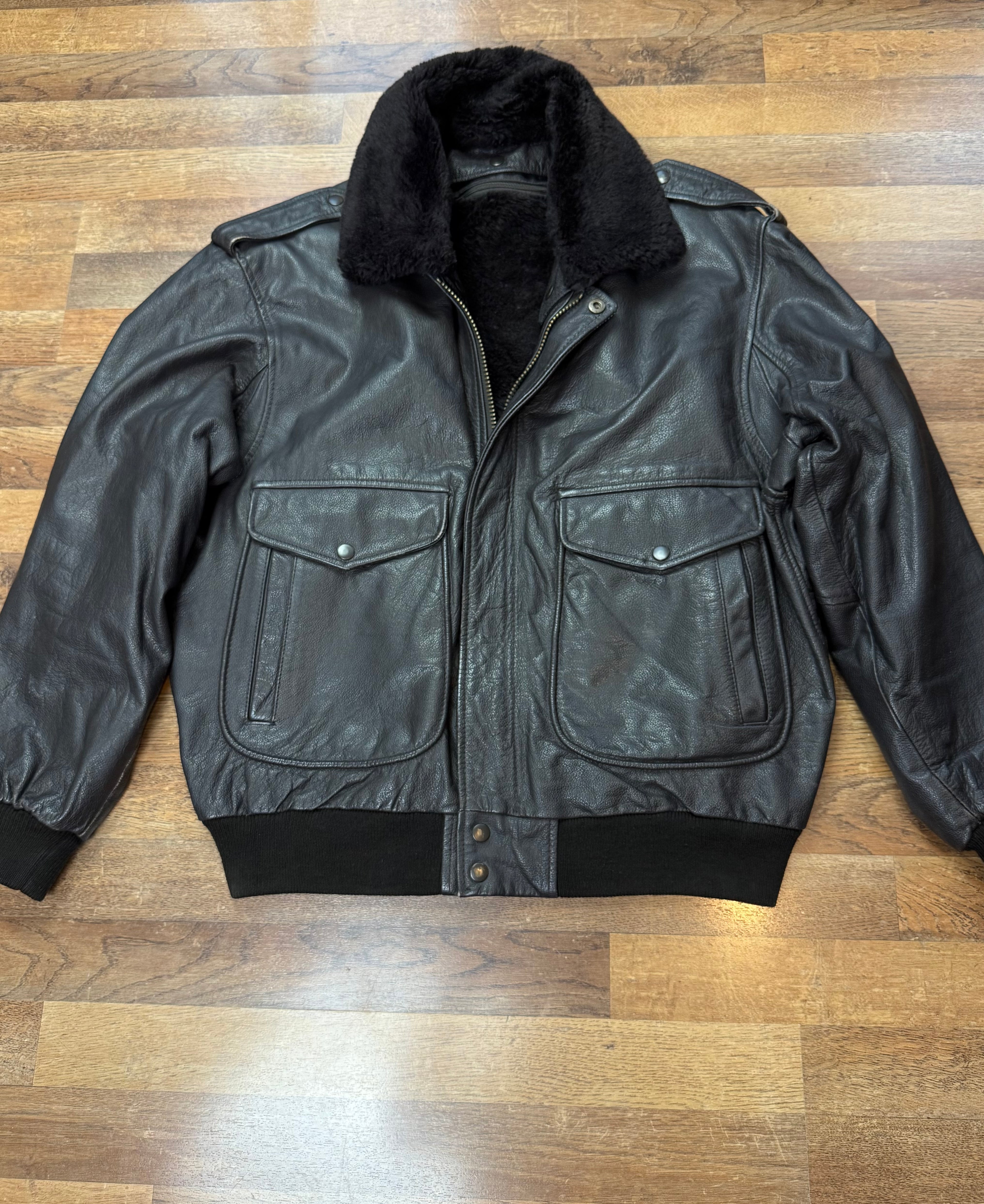 Vintage Lederjacke Aviator mit Innenfell & Fellkragen / 80's / 90's | L