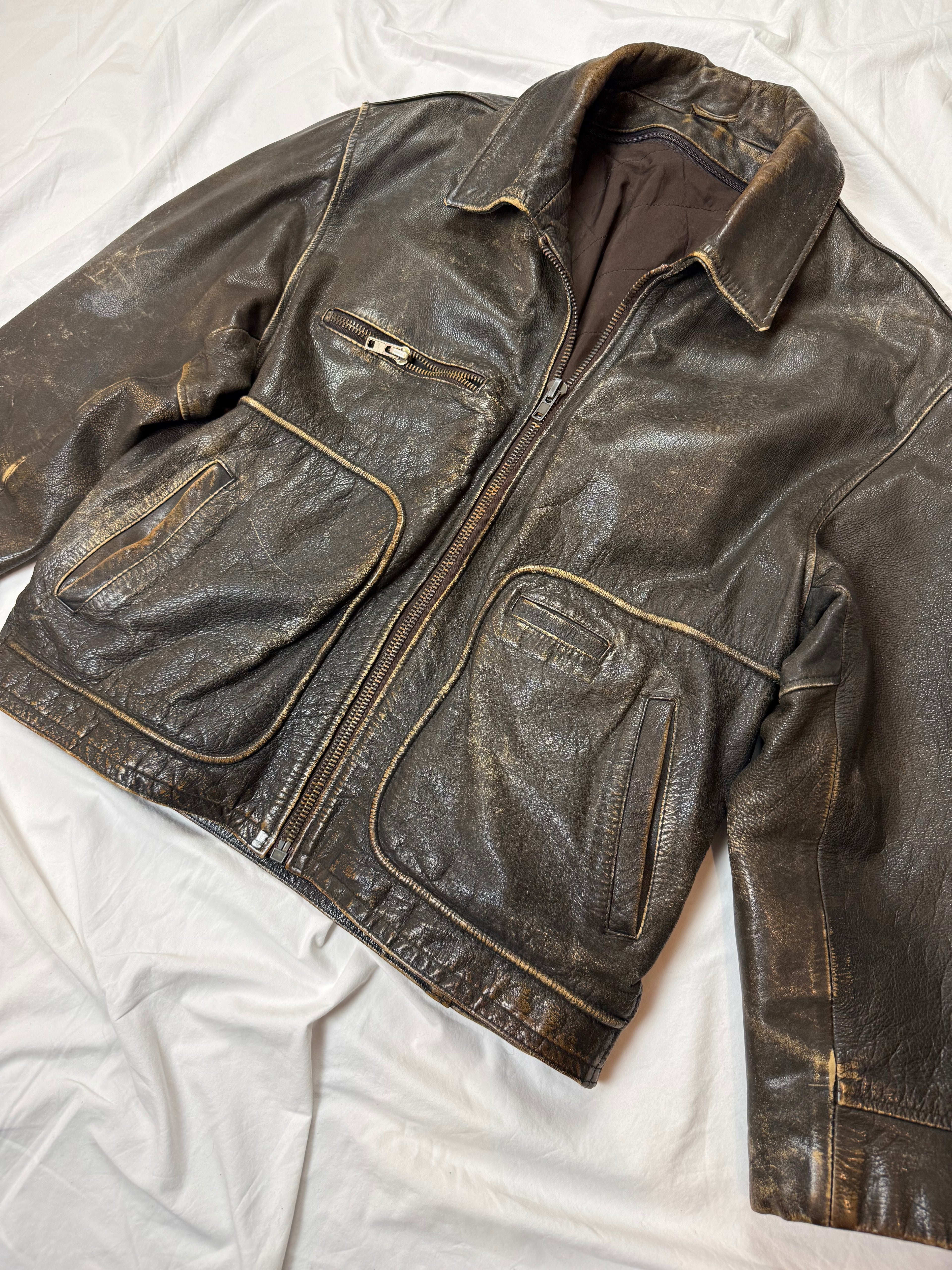 Vintage Leather Jacket Aviator / Vera Pelle / used look / cropped fit / 80's / 90's | M