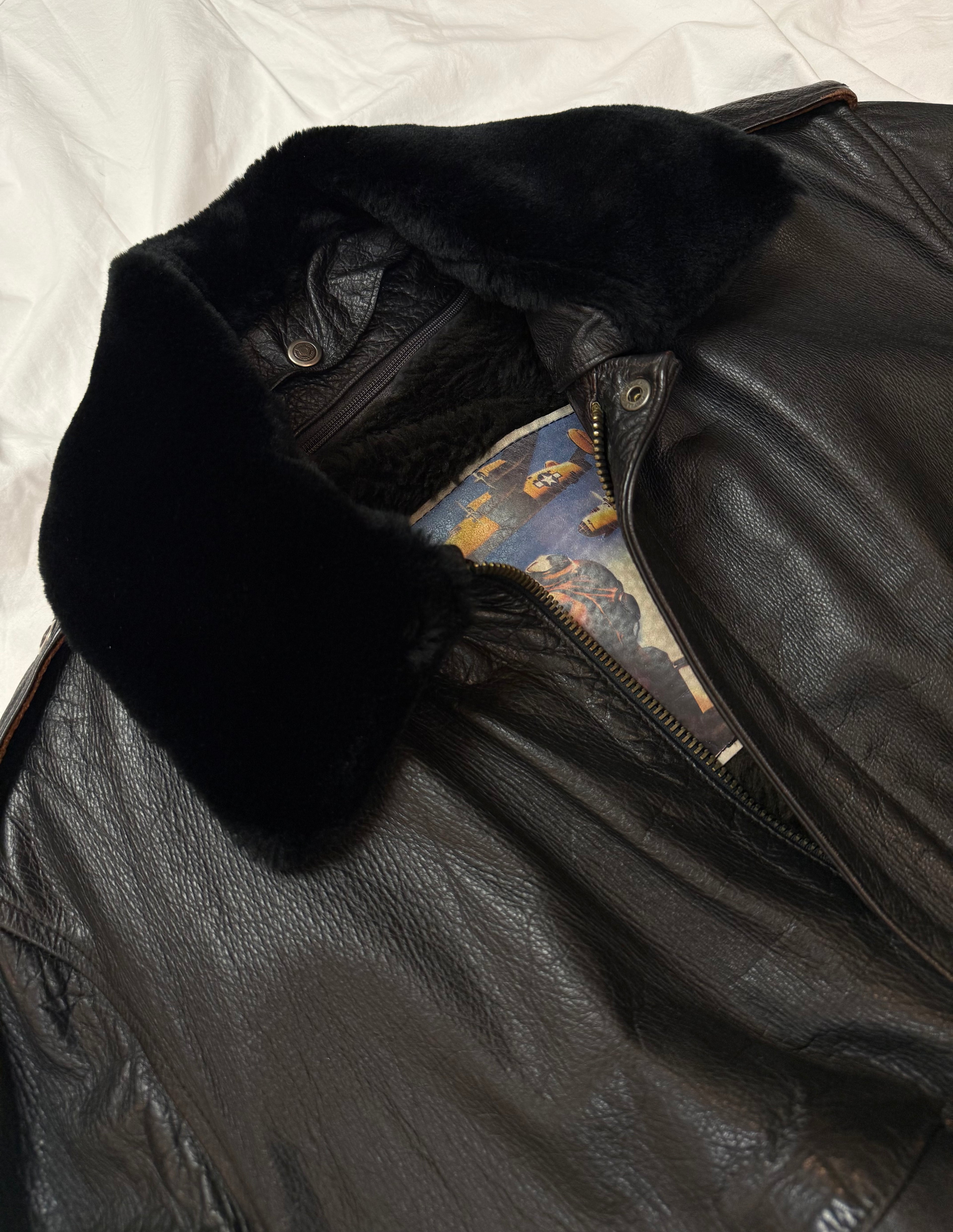 Vintage Leather Jacket Flight Aviator Jacket / mit Innenfell & Fellkragen 80's / 90's | L