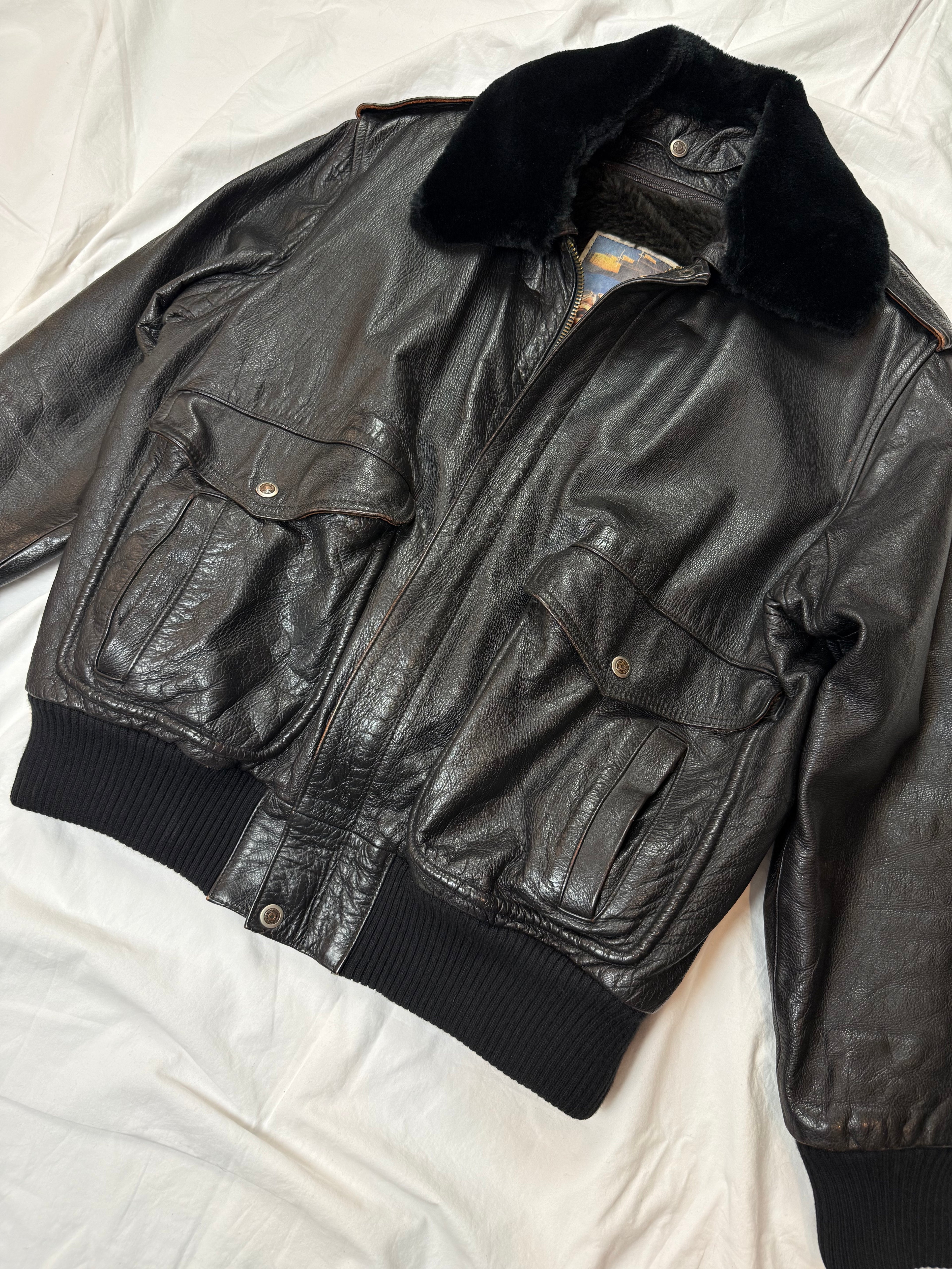 Vintage Leather Jacket Flight Aviator Jacket / mit Innenfell & Fellkragen 80's / 90's | L