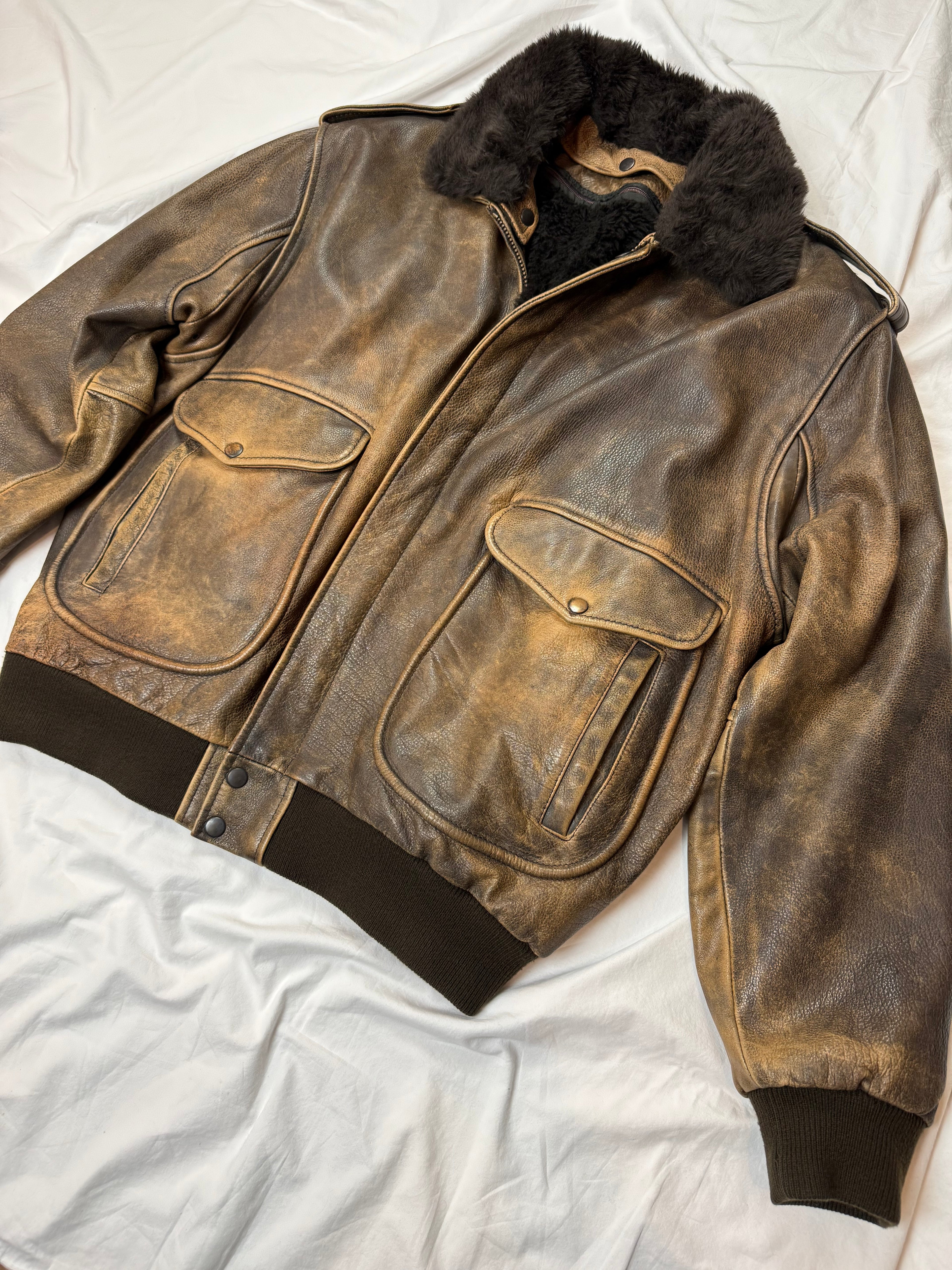 Vintage Leather Jacket Aviator / Flight Jacket / Vera Pelle mit Fell 80's / 90's | L