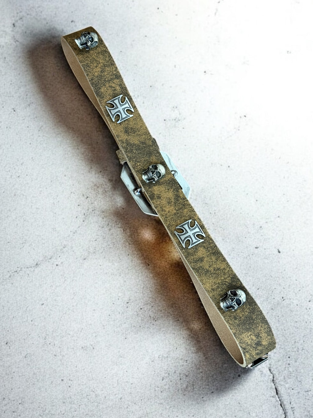 iron cross & skull leather belt | handmade | vintage look