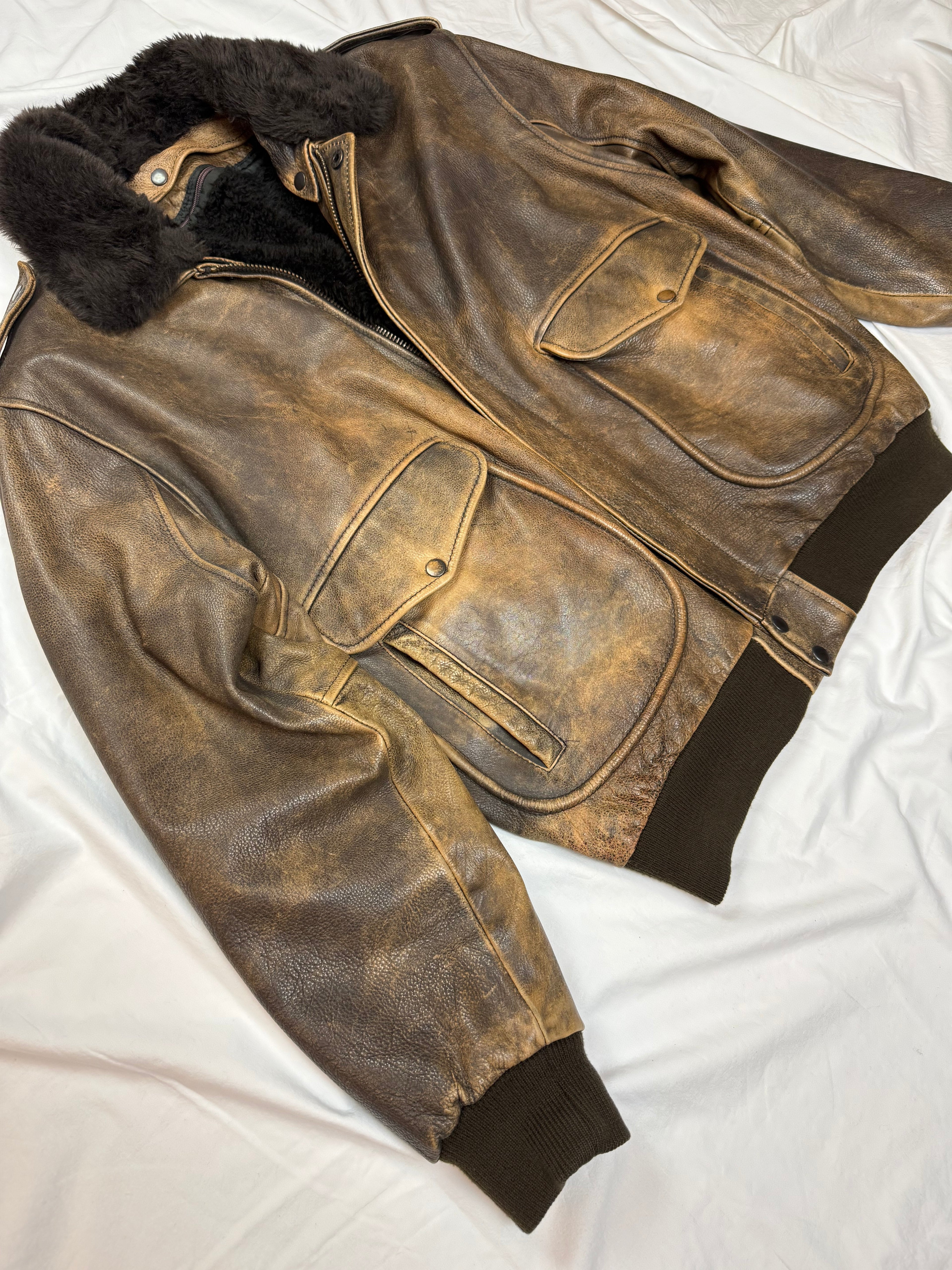 Vintage Leather Jacket Aviator / Flight Jacket / Vera Pelle mit Fell 80's / 90's | L