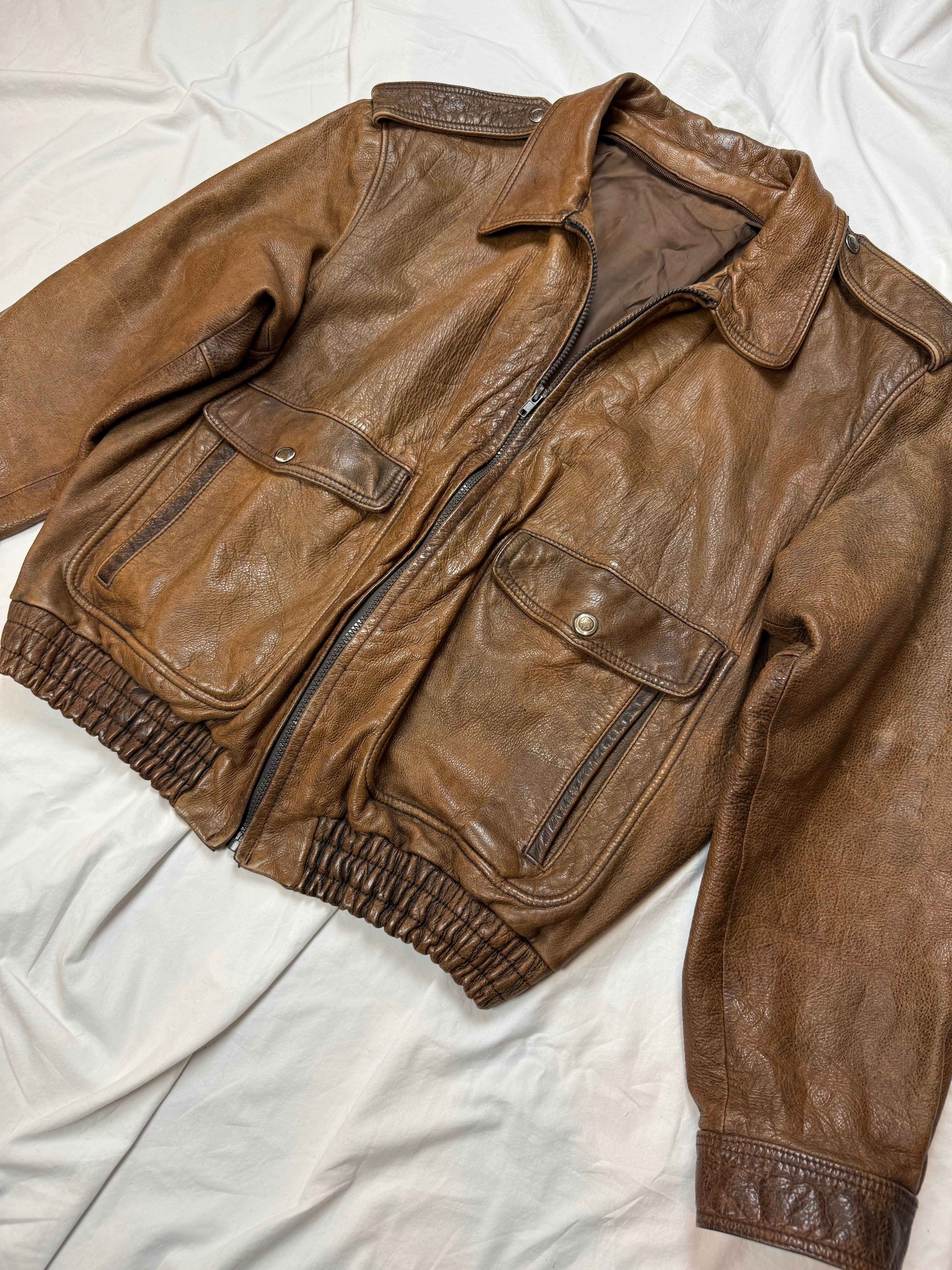 Vintage Leather Jacket Aviator / Vera Pelle / used look / cropped fit / 80's / 90's | L