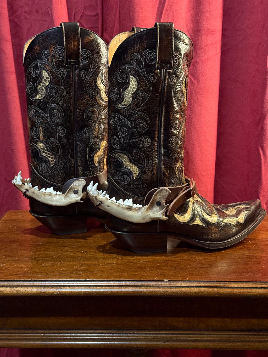 handmade coyote jaw spur straps set | kojoten kiefer stiefelriemen set
