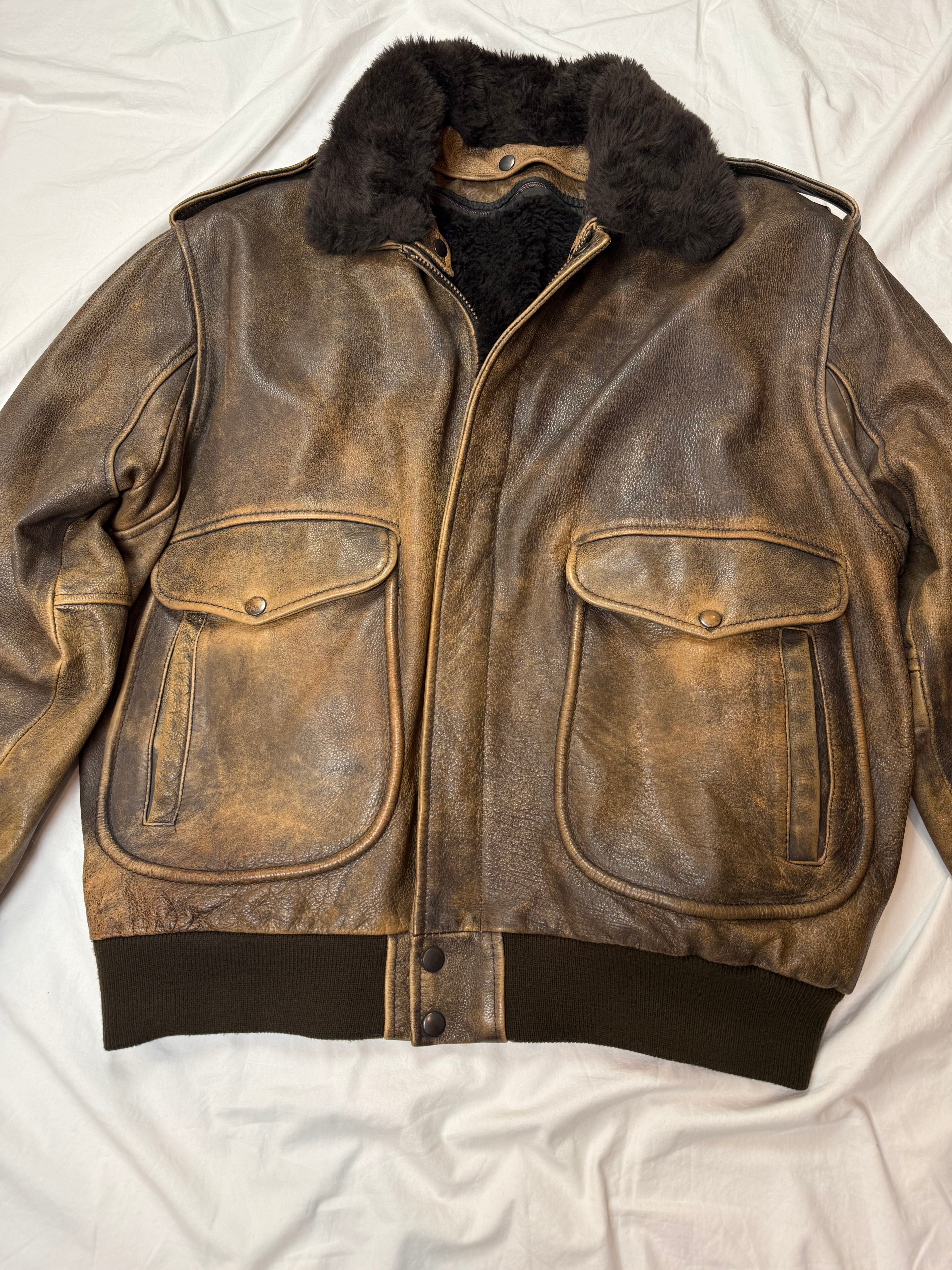 Vintage Leather Jacket Aviator / Flight Jacket / Vera Pelle mit Fell 80's / 90's | L
