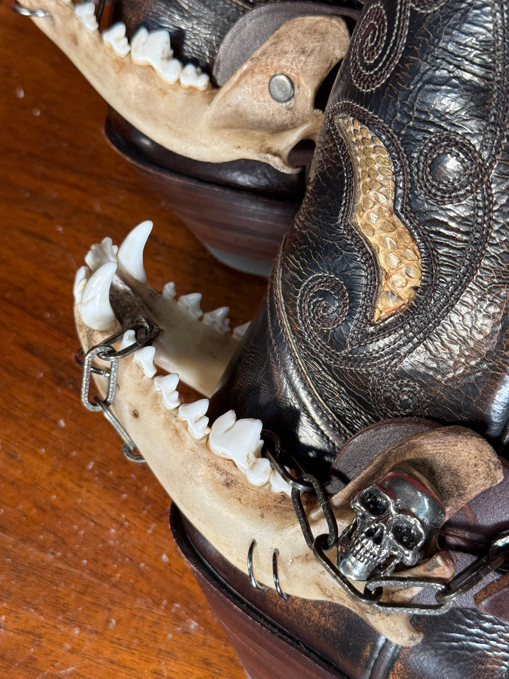 handmade coyote jaw spur straps & skull set | kojoten kiefer & totenkopf stiefelriemen set