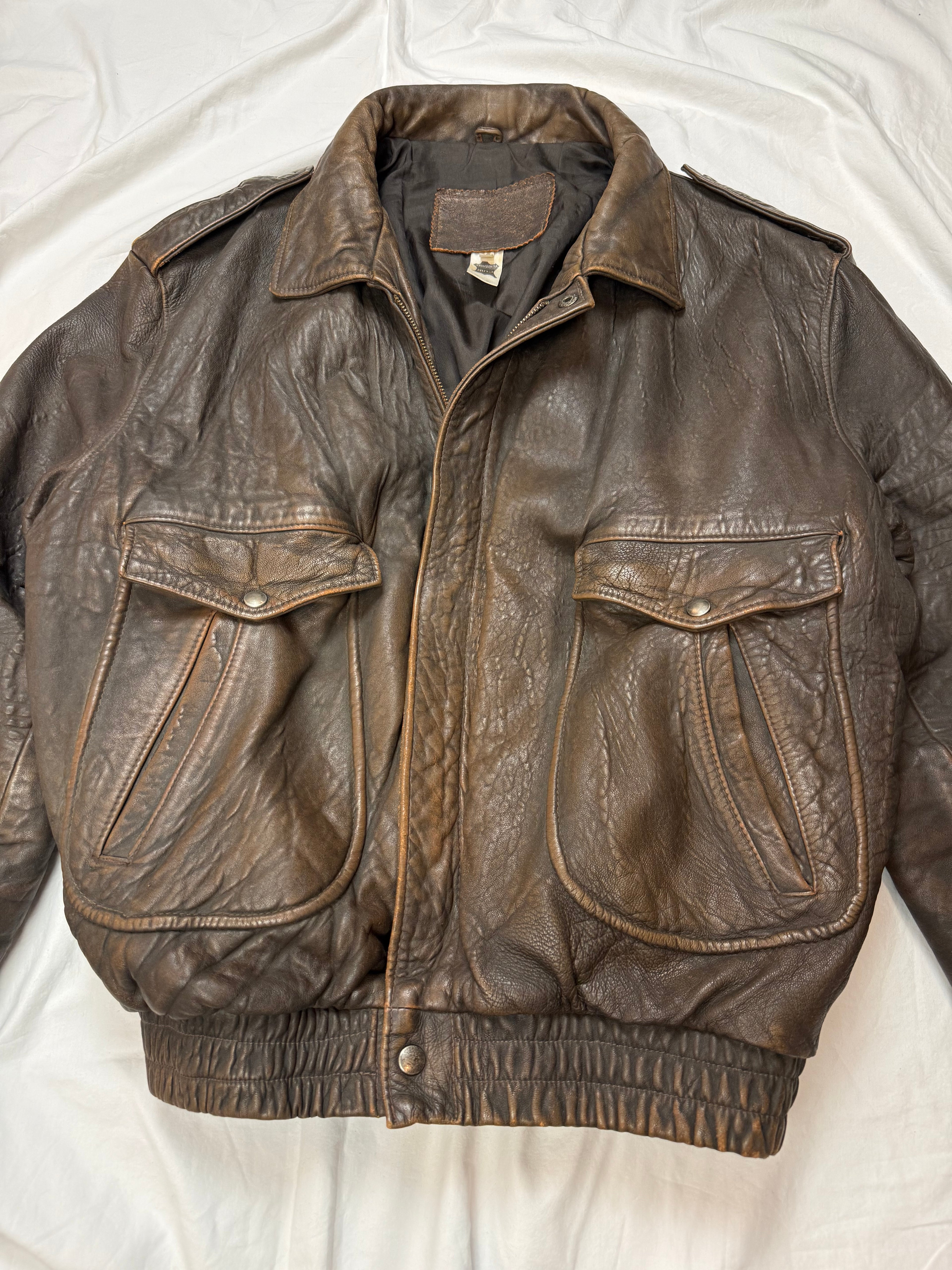 Vintage Leather Jacket Aviator / Vera Pelle / used look / cropped fit / 80's / 90's | L