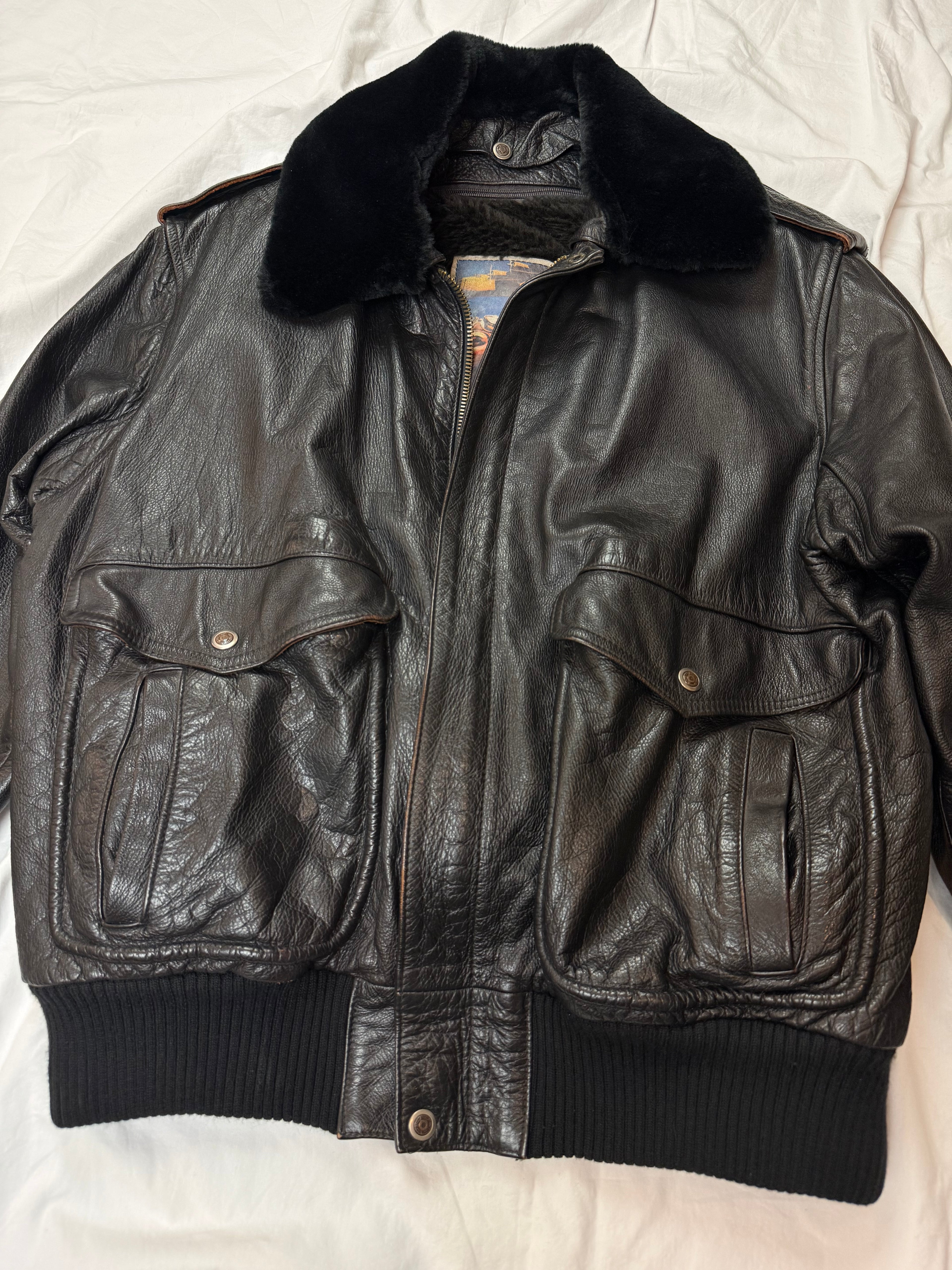 Vintage Leather Jacket Flight Aviator Jacket / mit Innenfell & Fellkragen 80's / 90's | L
