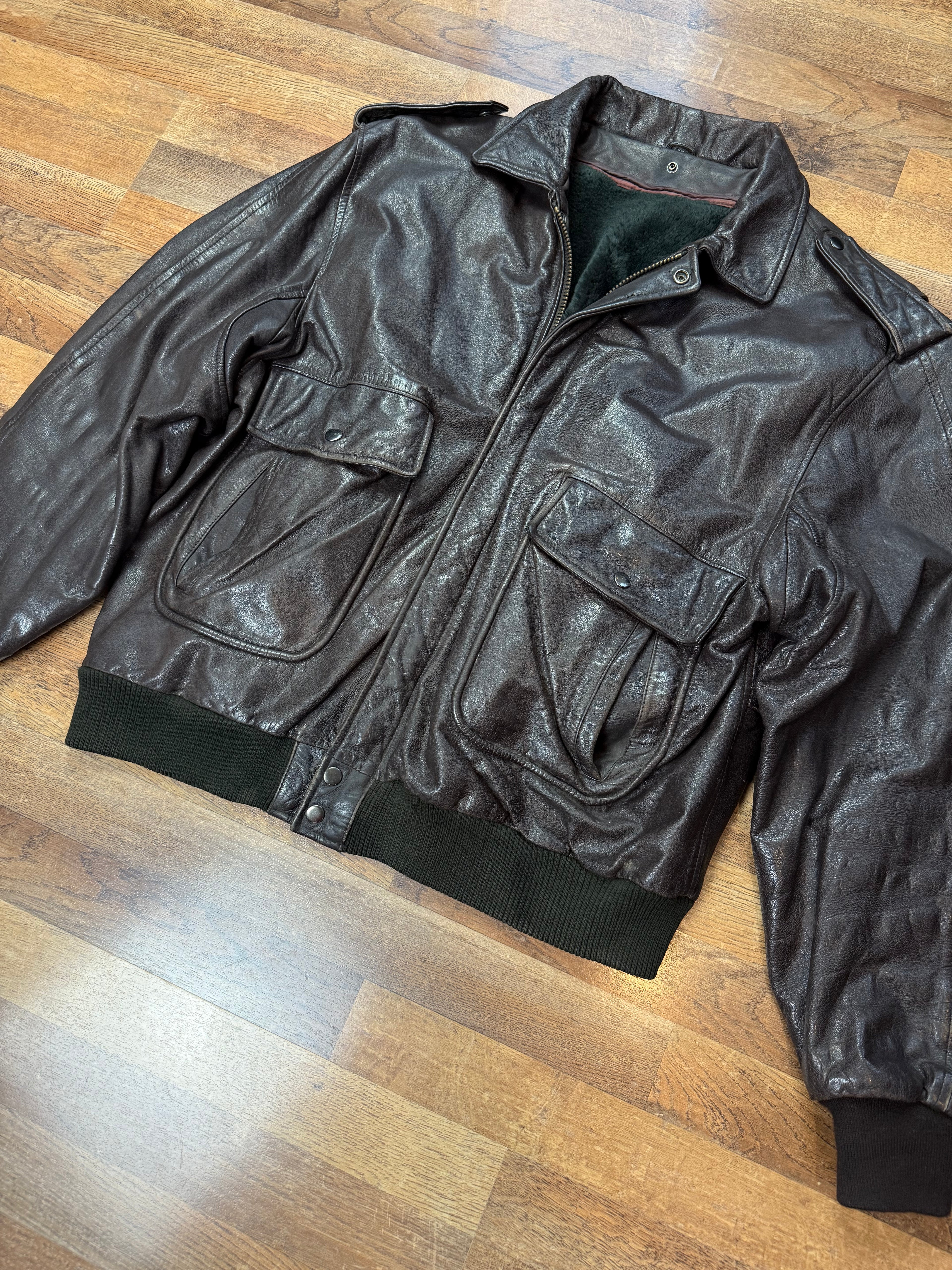 Vintage Lederjacke Aviator mit Innenfell / 80's / 90's | XL