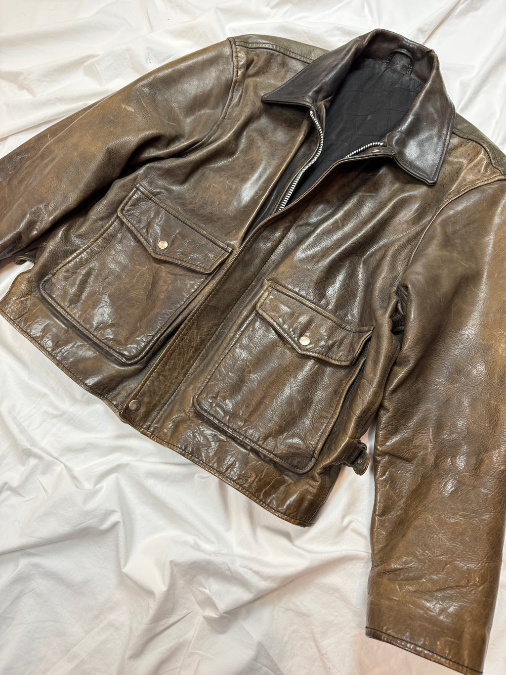 Vintage Leather Jacket Aviator / Vera Pelle / used look / cropped fit / 80's / 90's | L