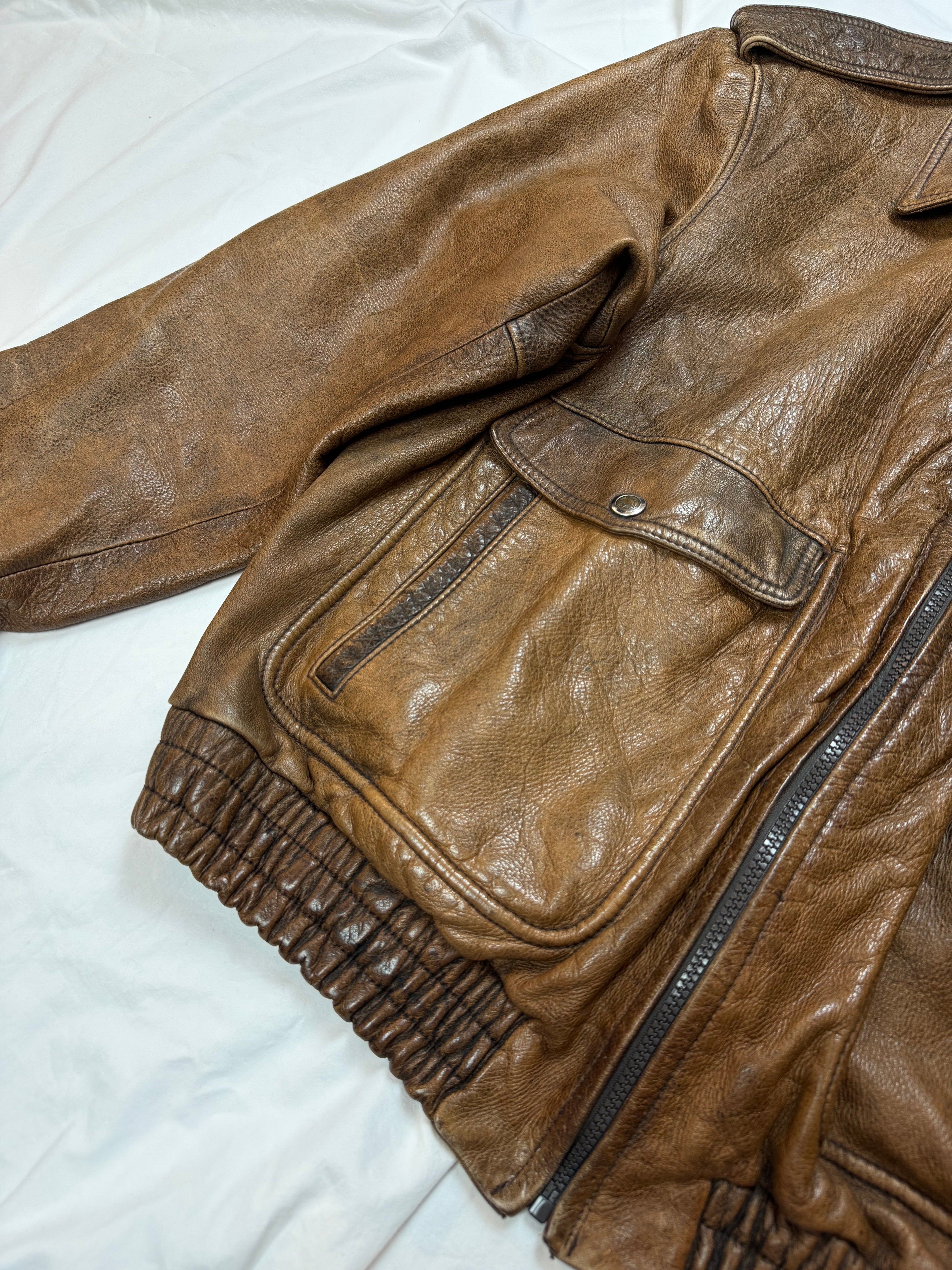 Vintage Leather Jacket Aviator / Vera Pelle / used look / cropped fit / 80's / 90's | L